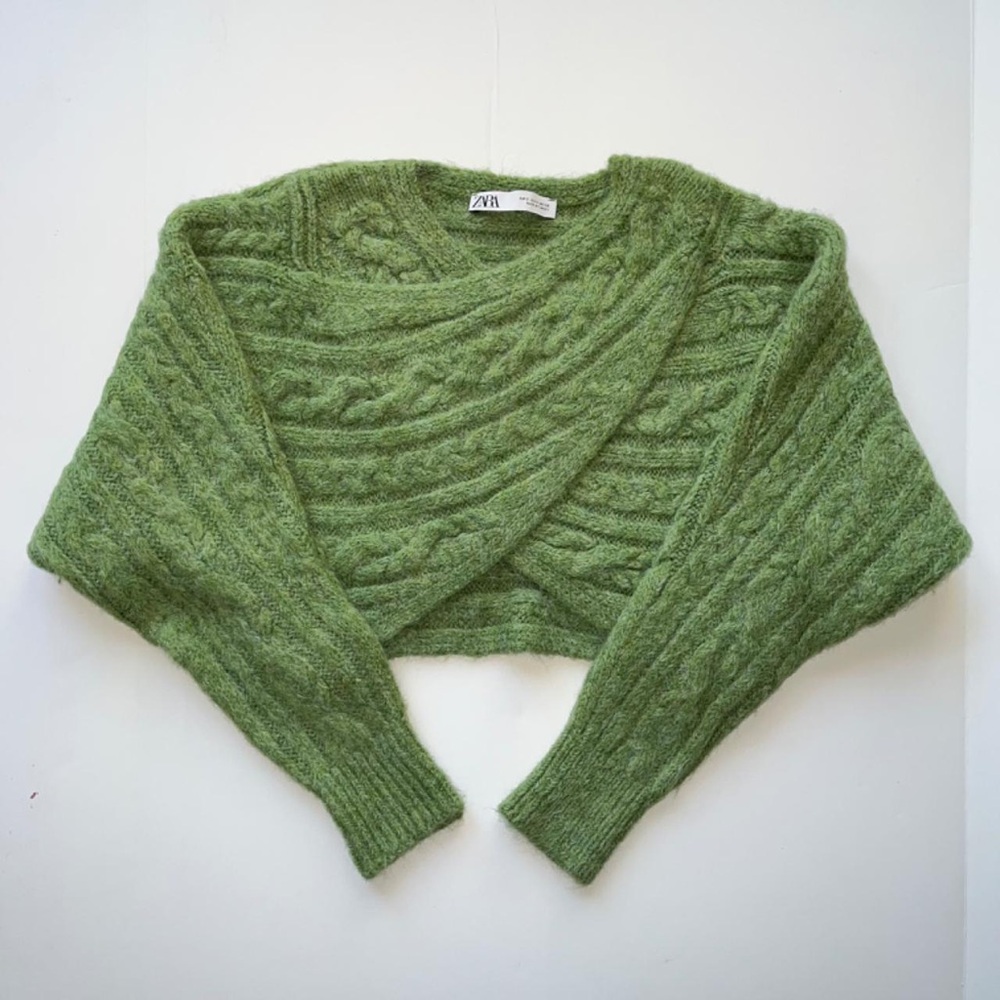 Zara Moss Green Wrap-Front Cable Knit Crop Sweater